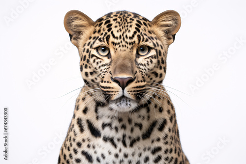 A Panthera pardus  posing and gazing at the lens  is depicted against a blank background.