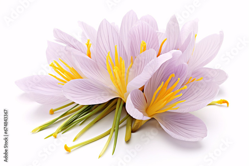 A Crocus sativus blossom with saffron hues isolated on a sheer surface.