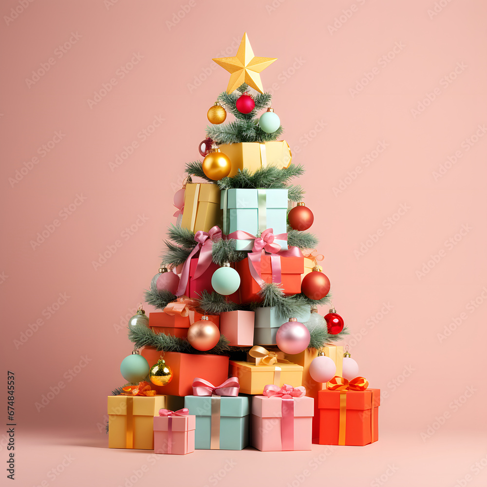 New year concept. Many pastel gift boxes with bows in the shape of a Christmas tree, a ball and a conifer branch. Pink background. On top is a gold star.