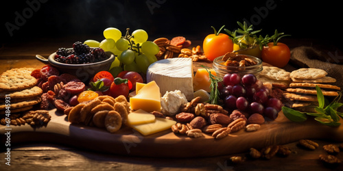 vegan charcuterie board featuring seitan, olives, and vegan cheeses, surrounded by artisan crackers, rustic wood background