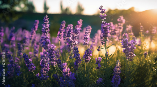 A field of organic lavender, purple hues contrasting with green stems, soft focus, tranquil atmosphere, late afternoon
