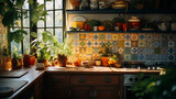 Bohemian style kitchen, colorful tiles, open shelves with plants, vintage rug