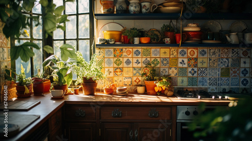 Bohemian style kitchen, colorful tiles, open shelves with plants, vintage rug