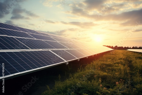 Solar panels in a field against a sunset background. The concept of environment  renewable sources  alternative energy and ecology.