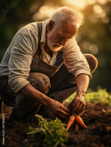 Farmer hand-picking organic carrots from the ground, dirt clinging to the roots, warm afternoon light, rustic and earthy tones © Marco Attano