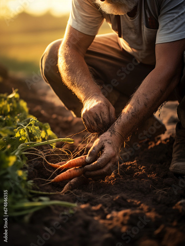 Farmer hand-picking organic carrots from the ground, dirt clinging to the roots, warm afternoon light, rustic and earthy tones