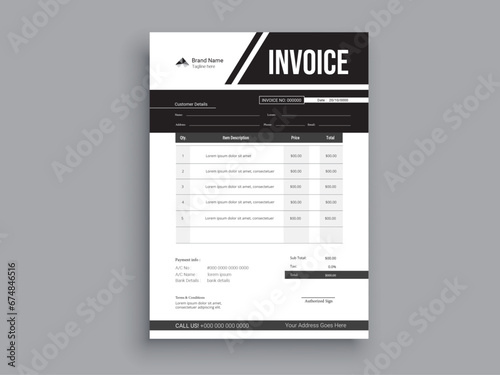 Professional Invoice Design. Business invoice form template. money bills or pricelist and payment agreement design templates. photo