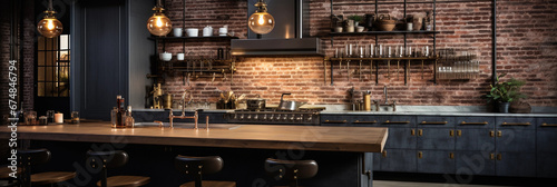 Industrial chic kitchen, exposed brick walls, stainless steel countertops, hanging Edison bulbs