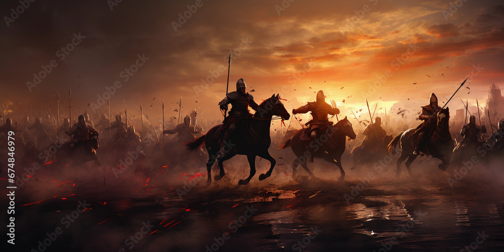 Medieval Battlefield: Photorealistic digital painting of knights and dragons clashing on a medieval battlefield at dusk, misty ambiance