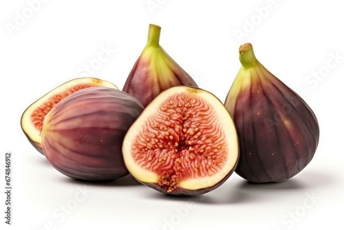 Ripe purple whole and cut figs on white background. Organic delicious sweet fruit, healthy food. Object for your design