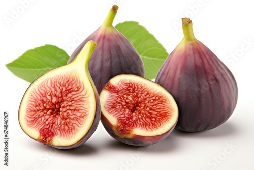 Ripe purple whole and cut figs with green leaves on white background. Organic delicious sweet fruit, healthy food