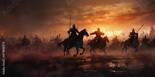 Medieval Battlefield: Photorealistic digital painting of knights and dragons clashing on a medieval battlefield at dusk, misty ambiance © Marco Attano