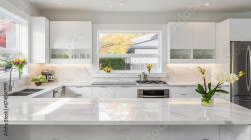 Modern minimalist kitchen, sleek white cabinets, marble countertops, stainless steel appliances