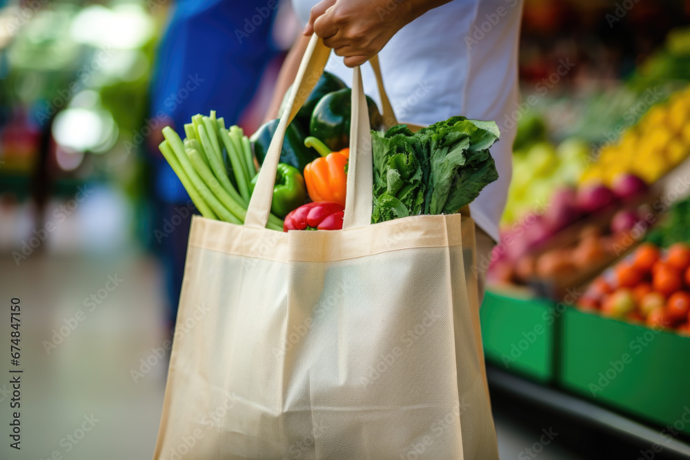 Close-up shot of a person's hand holding a eco friendly reusable shopping bag with bio vegetables at a local farmers market. Healthy food shopping, zero waste, plastic free - obrazy, fototapety, plakaty 