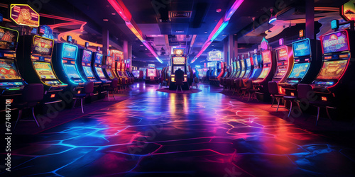 Neon-lit casino floor, vibrant slot machines, excited gamblers, wide-angle shot capturing the euphoria © Marco Attano
