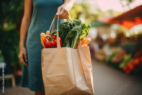 Close-up shot of a person's hand holding a eco friendly reusable shopping bag with bio vegetables at a local farmers market. Healthy food shopping, zero waste, plastic free photo