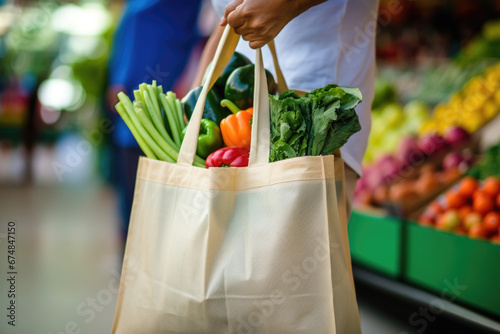 Close-up shot of a person's hand holding a eco friendly reusable shopping bag with bio vegetables at a local farmers market. Healthy food shopping, zero waste, plastic free