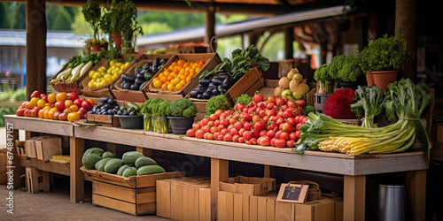 Organic farm market stand  an array of colorful fruits and vegetables displayed in wooden crates  chalkboard signs  cheerful vendor