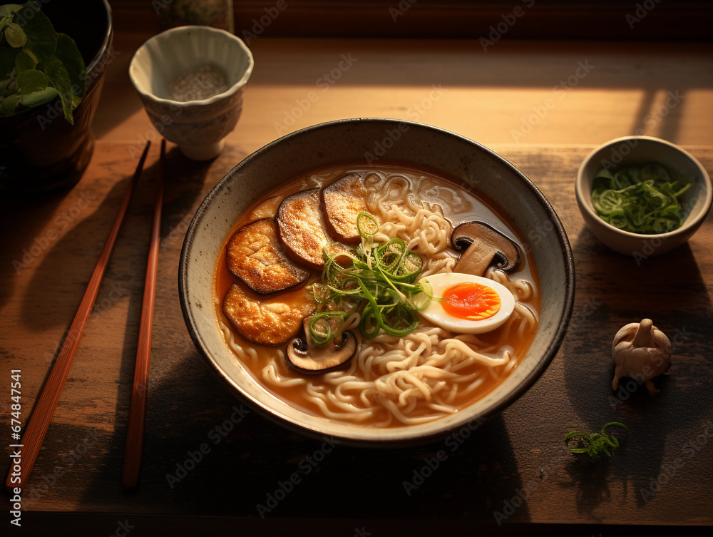 vegan ramen bowl with tofu and mushrooms, steam rising, dark wooden table, overhead shot, warm lighting vegan ramen bowl with tofu and mushrooms, steam rising, dark wooden table, overhead shot, warm lighting
