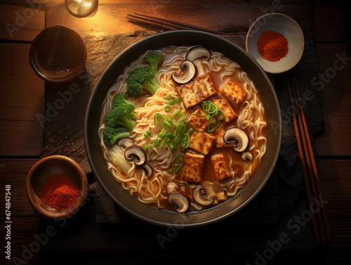 vegan ramen bowl with tofu and mushrooms, steam rising, dark wooden table, overhead shot, warm lighting