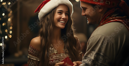 Happy couple in love at Christmas wearing Christmas hats.