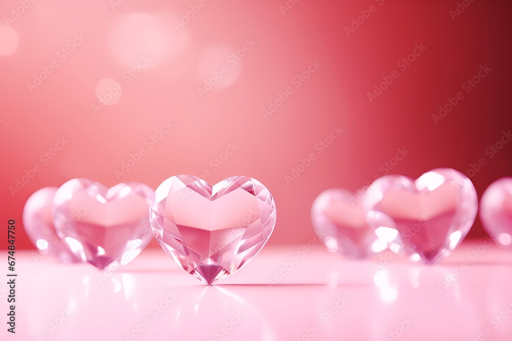 crystal pink hearts on pink background, valentine's day, copy space