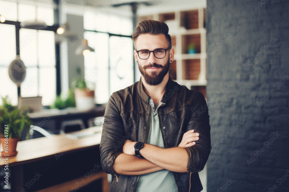 Fototapeta premium Confident and smiling handsome hipster man standing in the office