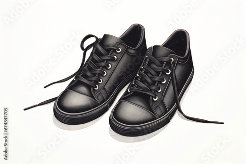 Pair of black shoes with white background and black shoelace.