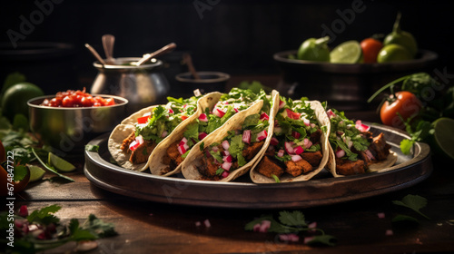 vegan tacos with corn tortillas, vibrant fillings like guacamole and salsa, placed on a slate board, outdoor