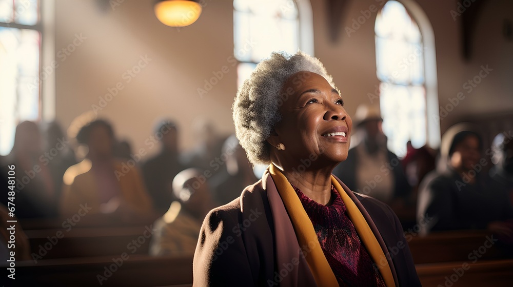 an African American female pastor in her 50s. diverse congregation inside a rustic church. warmly lit. generative AI - obrazy, fototapety, plakaty 