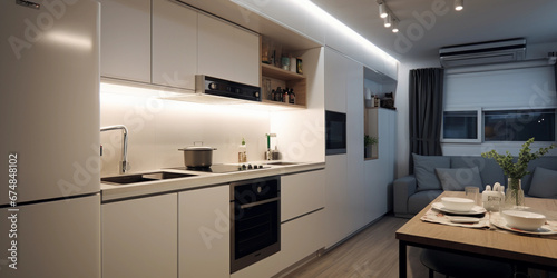 Small apartment kitchen, maximizing space, foldable furniture, built-in appliances