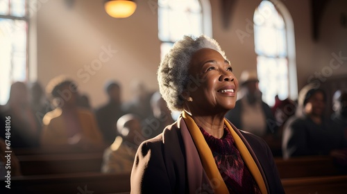 an African American female pastor in her 50s. diverse congregation inside a rustic church. warmly lit. generative AI photo
