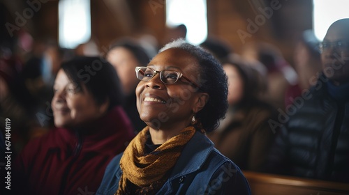 an African American female pastor in her 50s. diverse congregation inside a rustic church. warmly lit. generative AI photo