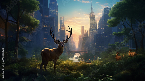 Urban Jungle: A cityscape of New York City, with hidden wildlife like eagles and deer