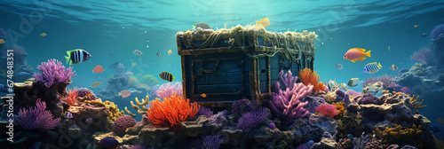 Underwater Utopia: Vibrant coral reefs with an array of exotic fish, a sunken treasure chest emitting light