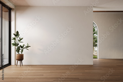 Modern interior design of apartment, empty living room with white walls, yard, panorama photo