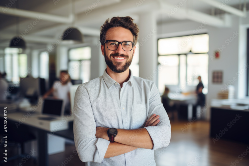 Obraz premium Confident and smiling handsome hipster man standing in the office