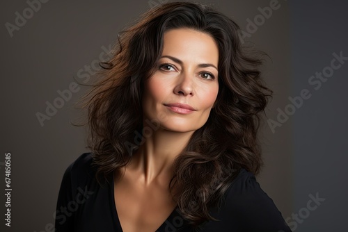 A chic woman aged 40-50 with dark hair looks at the camera with a slight smile on a dark studio background.