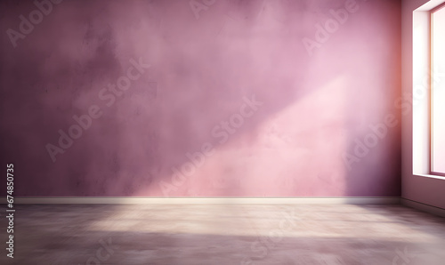 empty lavender room with sunlight coming in casting onto the background wall from a window at side of frame