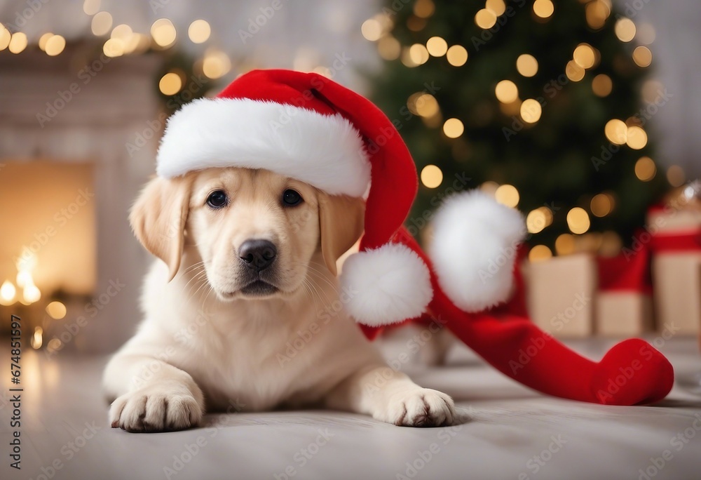 Cute labrador puppy in a Santa Claus hat puppy or dog celebrating Christmas