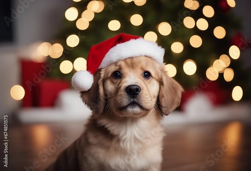 Cute dog in a Santa Claus hat puppy or dog celebrating Christmas