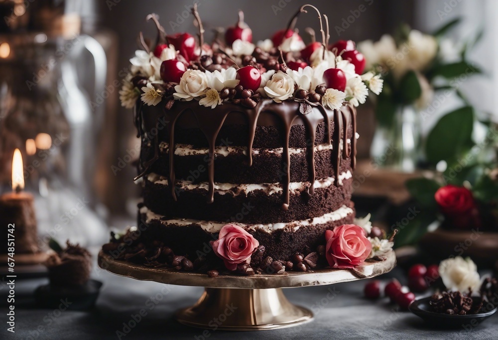 Intricate highly detailed Black Forest cake two tiered with chocolate decor and flowers