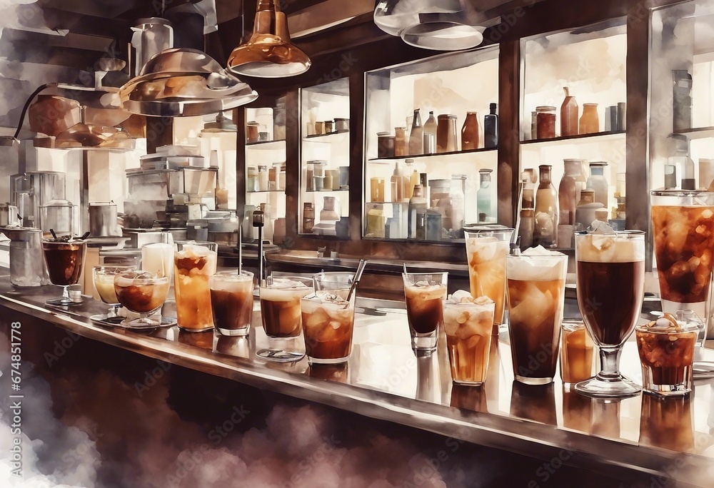 Many coffee drinks and cocktails watercolor style illustration