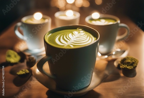 Many matcha and turmeric lattes in mugs with latte art overhead view photo