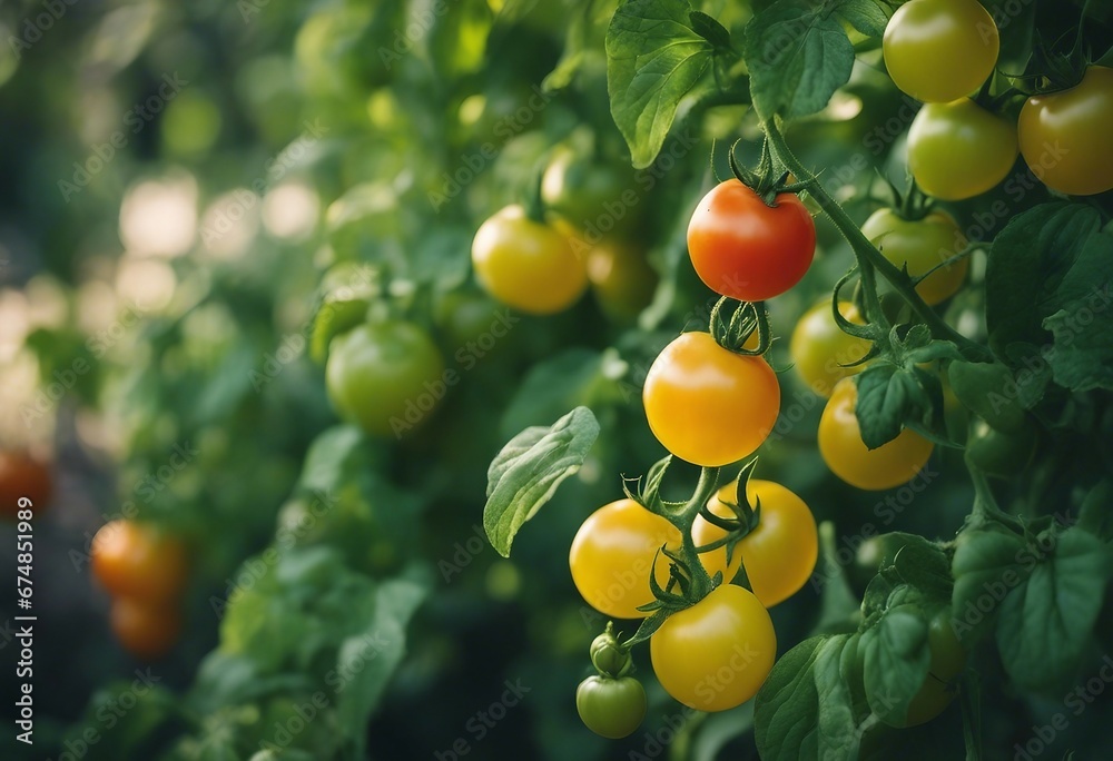 Tomato plant in the garden with yellow and green tomatoes on a vine