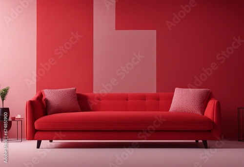 Red sofa or couch and a side table on solid red background banner brigt color and energetic interior photo