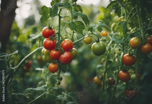 Tomato plant in the garden with red and green tomatoes on a vine