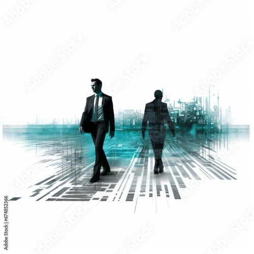 A CIO and an IT advisor are depicted in a 2D image, navigating a digital evolution roadmap with black, white, and teal color schemes. photo