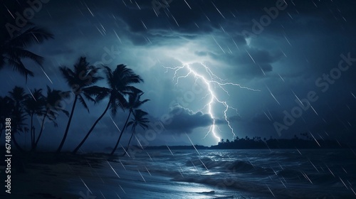 Dark mysterious monsoon cyclone storm clouds and multiple bolts of lightning. Tranquil eye of the storm above tropical Ocean at night. Conceptual establishing shot of powerful hurricane weather. photo