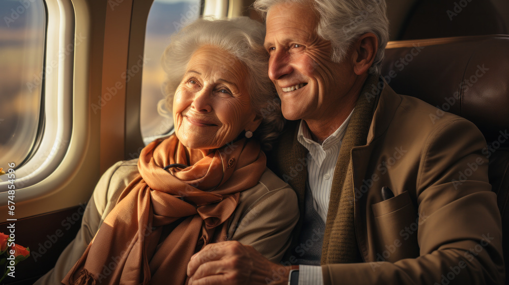 Elderly couple in business jet cabine.